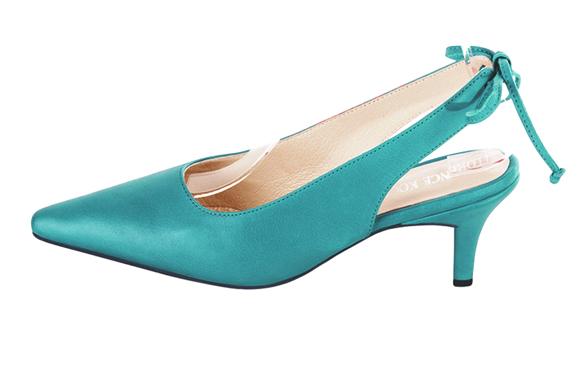 Turquoise blue women's slingback shoes. Pointed toe. Medium slim heel. Profile view - Florence KOOIJMAN